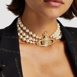 Vivienne Westwood 3 Strand Pearl Bas Relief Gold Orb Choker Necklace